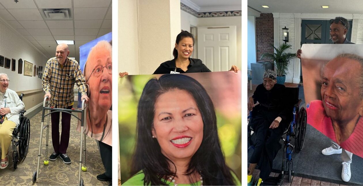 Residents with large images of themselves